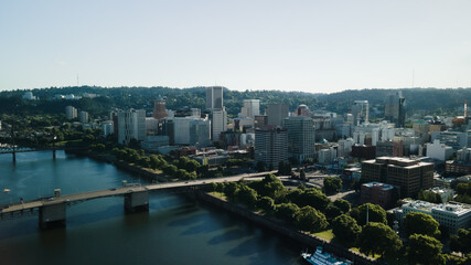 A bird's-eye view of a large city on the river bank. High quality photo