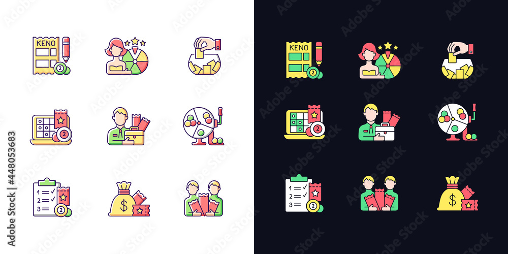 Poster gambling game types light and dark theme rgb color icons set. quiz show. keno game. raffle. lottery 