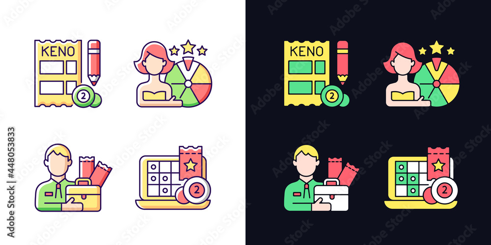 Poster lottery-like gambling games light and dark theme rgb color icons set. matching numbers on keno ticke