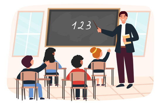 Male teacher and scholars, children, boys and girls. Class. Vector illustration concept for school. Contemporary style. Cute character.