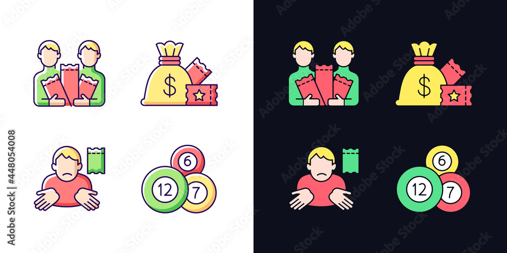 Poster taking part in lottery light and dark theme rgb color icons set. pooling ticket purchases. lump-sum 