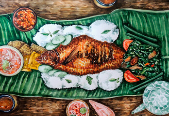 Illustration watercolor golden baked fish lies