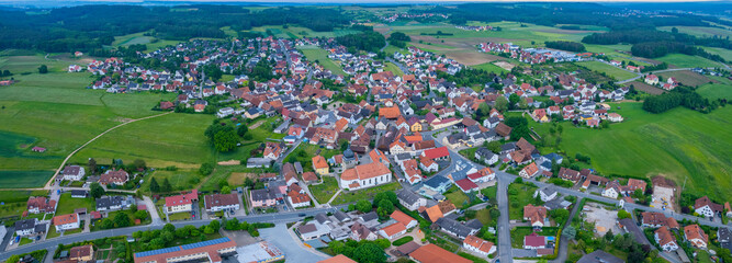 Aerial view of the village Leinburg in Germany, Bavaria on a cloudy morning day in Spring