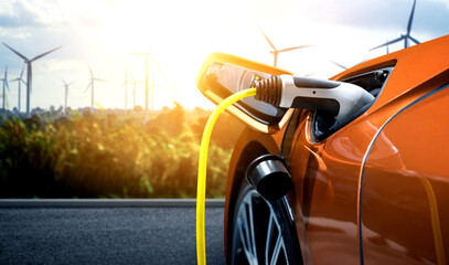 EV charging station for electric car in concept of green sustainable energy produced from renewable...