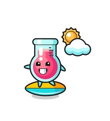 Illustration of laboratory beaker cartoon do surfing on the beach