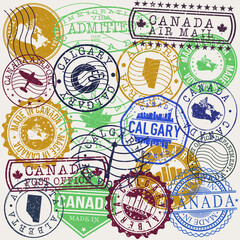Calgary, AB, Canada Set of Stamps. Travel Stamp. Made In Product. Design Seals Old Style Insignia.