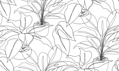 Seamless pattern with exotic plants in continuous line drawing. Modern minimalist art.