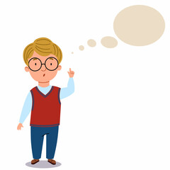 A boy in a school uniform and glasses. The child is thinking about some idea. The student thinks about it. cloud for text. Vector illustration on a white isolated background.