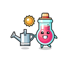 Cartoon character of laboratory beaker holding watering can