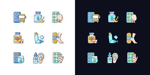 Pharmaceutical drugs light and dark theme RGB color icons set. Treat motion sickness. Lozenges for sore throat. Isolated vector illustrations on white and black space. Simple filled line drawings pack