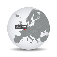 World globe map with the identication of Belgium. Map of Belgium. Belgium on grey political 3D globe. Europe countries. Vector stock.