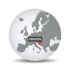 World globe map with the identication of Croatia. Map of Croatia. Croatia on grey political 3D globe. Europe countries. Vector stock.