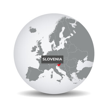 World globe map with the identication of Slovenia. Map of Slovenia. Slovenia on grey political 3D globe. Europe countries. Vector stock.
