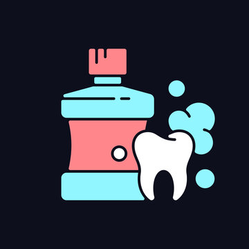 recommend clip art: Mouthwash for teeth health RGB color icon for dark theme. Oral rinse. Prevent teeth decay. Strengthen enamel. Isolated vector illustration on night mode background. Simple filled line drawing on black