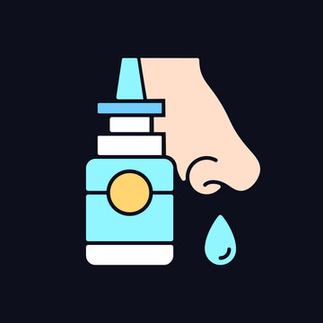 Nasal Spray RGB Color Icon For Dark Theme. Relieve Nasal Discomfort. Cold Relief. Treat Sinus Congestion. Isolated Vector Illustration On Night Mode Background. Simple Filled Line Drawing On Black