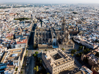 Aerial view of Seville with enormous Cathedral of Seville, Spain