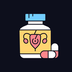 Pills for period cramps RGB color icon for dark theme. Relieve painful menstruation. Anti-inflammatory drug. Isolated vector illustration on night mode background. Simple filled line drawing on black