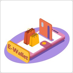 E-wallet phone mockup. Wallet purchases. Payment, transfer, replenishment of currency money. Popular flat colors. Vector isometric 3d illustration.