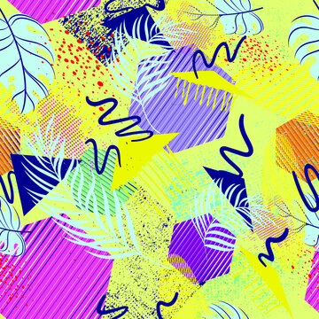 Seamless fresh exotic abstract pattern with paln leaves, monsteras, geometry elements and grunge spots for cloth, clothes, textile, texture, backgrounds