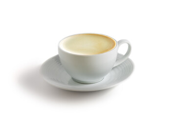 Front view of hot cafe Latte coffee with rosetta latte art in white ceramic cup isolated in white background. Arabica Espresso roasted coffee