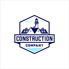 Coastal construction and lighthouse with retro style badge design