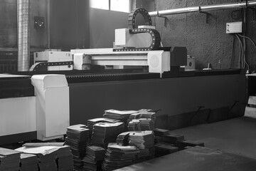 interior of a metalworking workshop with a laser machine