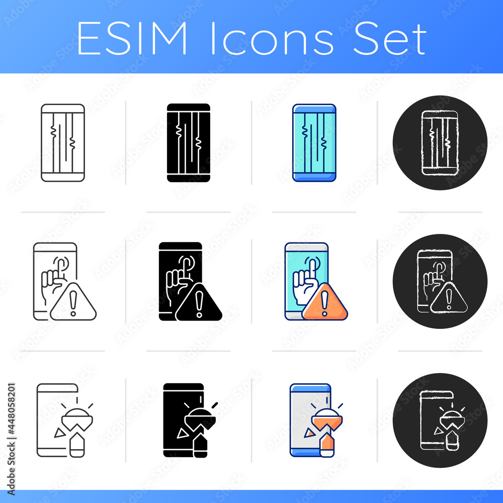Poster cellphone recovery related icons set. device fixing service. phone common problems. torchlight issue