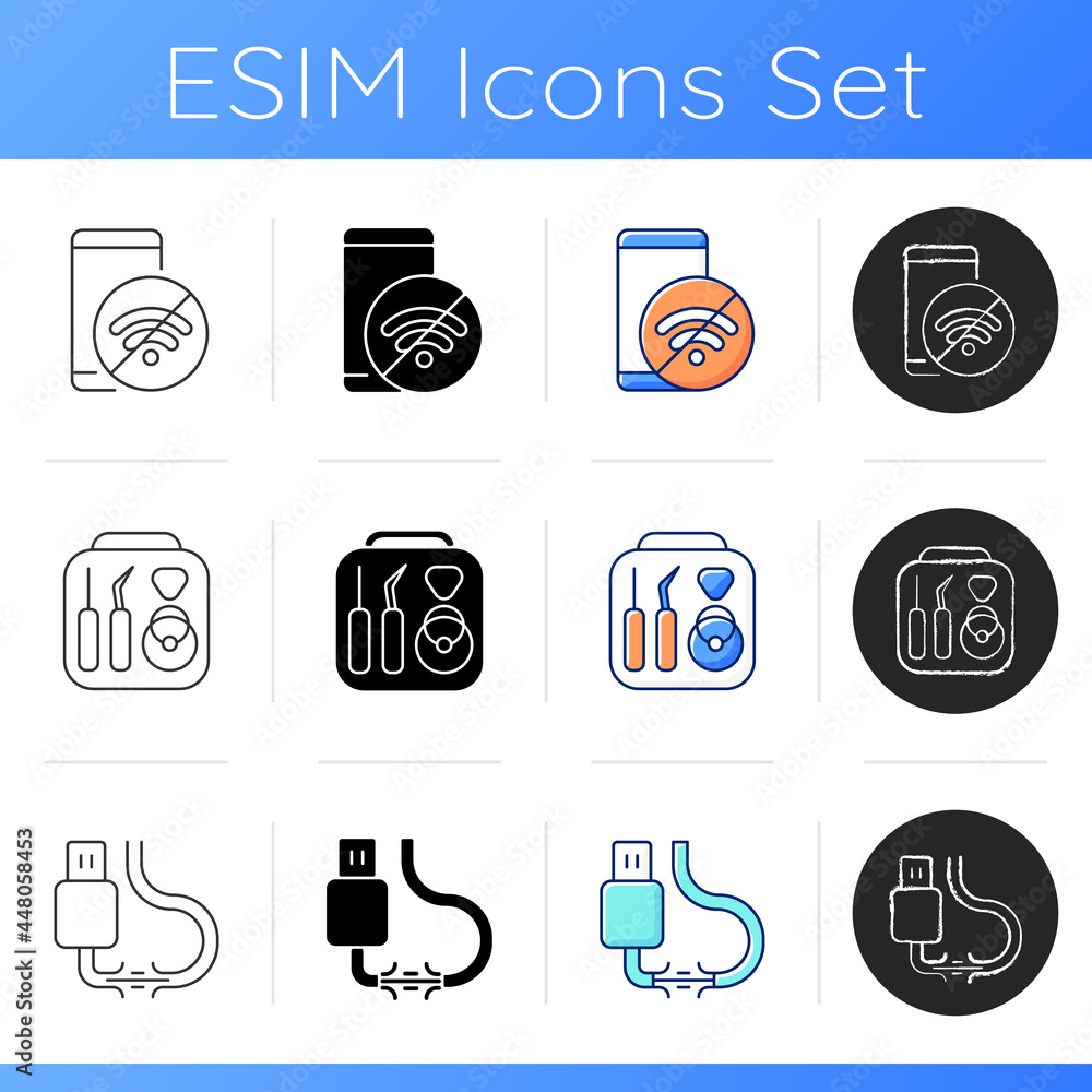 Poster common phone breakdowns icons set. no internet connection. toolkit for phone repair. torn cable. sma