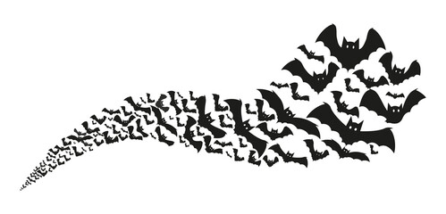 Halloween flying bats. Decor element with silhouettes, swirl isolated on white background