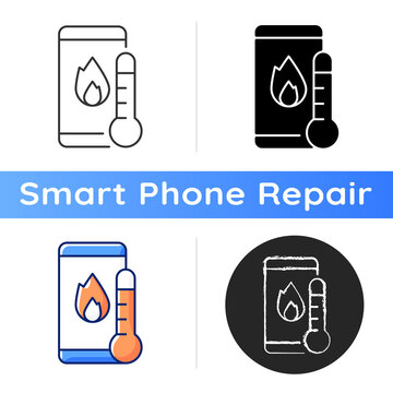 Phone overheating icon. Overheated smartphone notification. Mobile phone with fire on screen and thermometer. Hot battery problem. Linear black and RGB color styles. Isolated vector illustrations