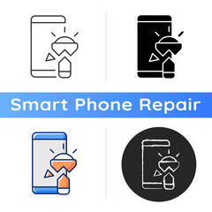 Flashlight not working icon. Broken torchlight and mobile phone. Camera flash light problem and solution. Defected torch. Linear black and RGB color styles. Isolated vector illustrations