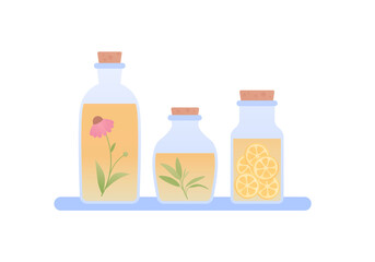 Aromatherapy and herbal medicine concept. Vector flat illustration. Glass bottle with yellow oil liquid on horizontal shelf. Echinacea, sage leaves and lemon slice symbol. Design element