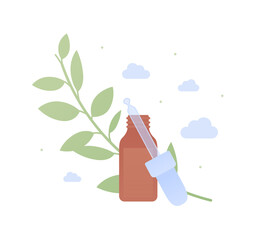 Aromatherapy and herbal medicine concept. Vector flat illustration. Brown glass bottle with oil liquid, pipette and eucalyptus leaves isolated on white background. Design element
