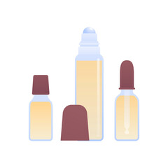 Aromatherapy and herbal medicine concept. Vector flat illustration. Glass bottle and pipette with yellow oil liquid isolated on white background. Design element