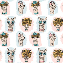 Funny seamless pattern with portraits of lama. Children's print for fabric, T-shirt, poster, postcard, baby shower. Vector Illustration © Kat