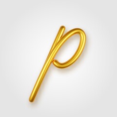 Gold 3d realistic lowercase letter P on a light background.