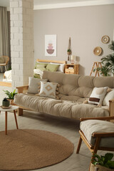 Fototapeta na wymiar Spacious apartment interior with stylish wooden furniture. Idea for design