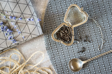 Lavender tea  on a light gray marble table