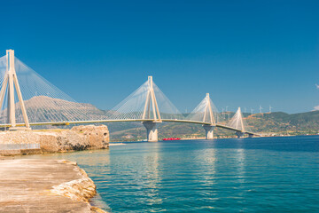 Modern Bridge Rion-Antirion. The bridge connecting the cities of Patras and Antirrio, Greece