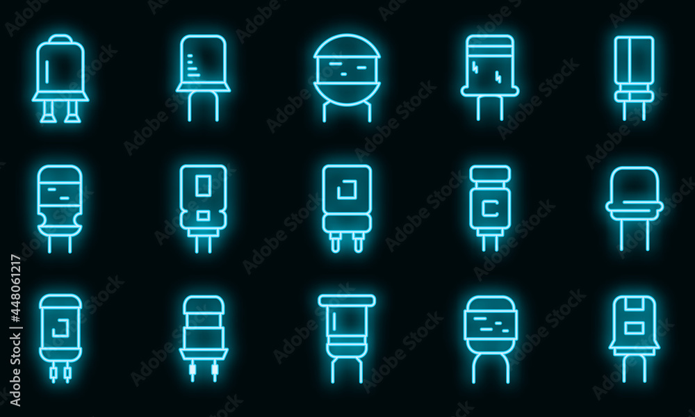 Poster capacitor icons set. outline set of capacitor vector icons neon color on black