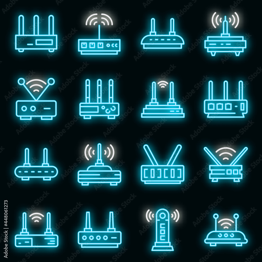 Aufkleber modem icons set. outline set of modem vector icons neon color on black