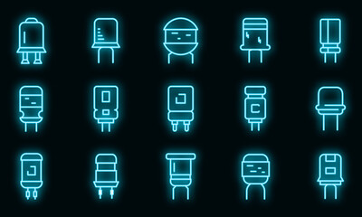 Fototapeta na wymiar Capacitor icons set. Outline set of capacitor vector icons neon color on black