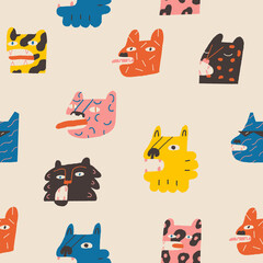 Lions, tigers and cheetahs funny characters seamless pattern. Vector illustration - 448061855
