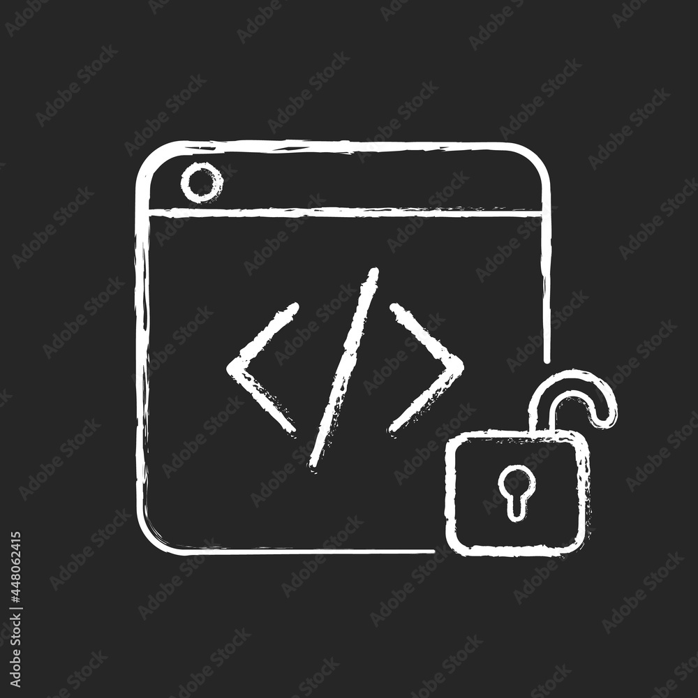 Poster open source code platforms chalk white icon on dark background. permission modifying code freely. op