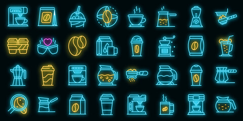 Coffee icons set. Outline set of coffee vector icons neon color on black