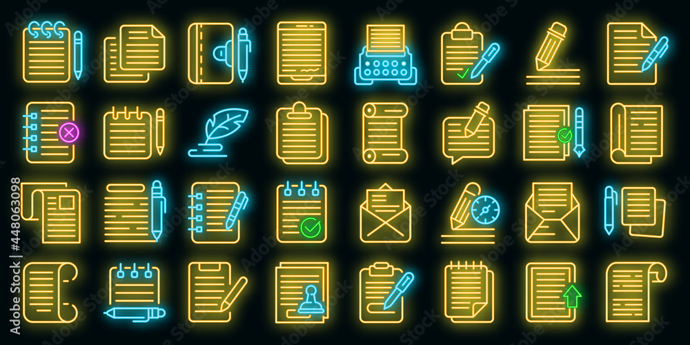Aufkleber writing icons set. outline set of writing vector icons neon color on black