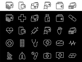 A simple set of medicine ICONS, contains medicine icons, pills, related vector line icons. thin lines, pain, syringe, lungs, microscope, cardiogram, virus and much more. Editable stroke.