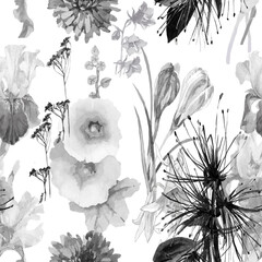 Black and white flowers watercolor on white background seamless pattern for all prints.