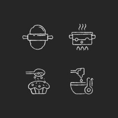 Cookery instructions chalk white icons set on dark background. Roll out dough. Boiling water in pot. Sprinkle on cupcake. Melt cream. Cooking process. Isolated vector chalkboard illustrations on black