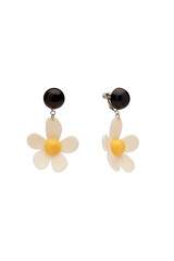 Subject shot of two bright summer earrings made as daisy flowers hanging on black glossy bead. The pair of screw type clip earrings is isolated on the white background.